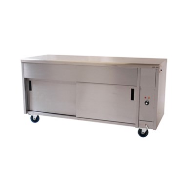 Stainless steel storage cabinet on wheels with a sliding door and a lockable side compartment.