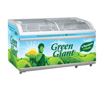 Green Giant branded freezer with vibrant green and blue design, featuring a farmer and fields backdrop.