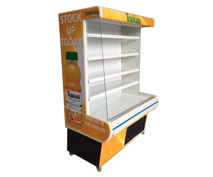 Refrigerated display unit with orange branding, featuring empty shelves and a glass front.