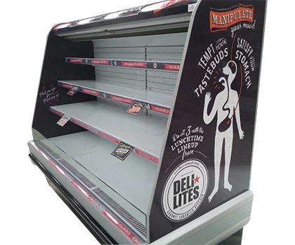 Empty refrigerated display unit with a black and white design, labelled "DELI LITES.