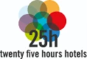Colourful logo of 25hours Hotels featuring overlapping circles in red, green, and blue hues.