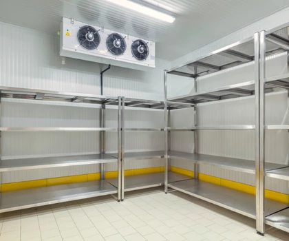 Empty stainless steel shelving units in a clean, well-lit pharmaceutical storage room.