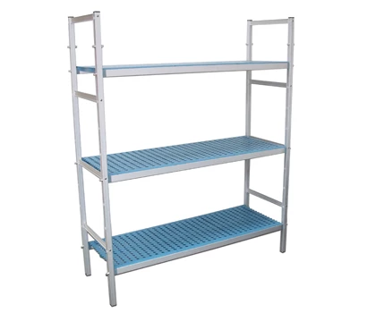 Metal shelving unit with blue plastic shelves, designed for modular walk-in cold rooms.