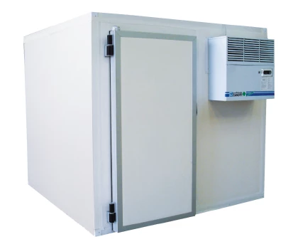 White refrigerated storage unit with a grey door and an air conditioning unit on the side.