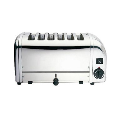 Silver four-slice toaster with a glossy finish and a dial on the side.
