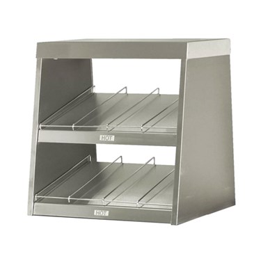 Metal display rack with two tiers, featuring a sleek silver finish and open slots for items.