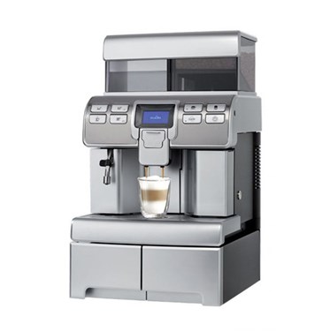 Silver coffee machine with a glass cup, displaying a creamy beverage on a white background.