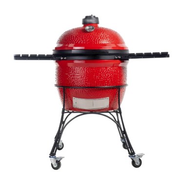 Red ceramic barbecue grill on a black metal stand with side shelves, against a white background.