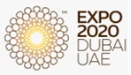 Expo 2020 Dubai logo featuring a circular design in gold and brown on a white background.