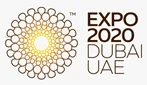 Expo 2020 Dubai logo featuring a circular design in gold and yellow with text on the right.