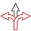 Three arrows in black and white, with a red outline, indicating different directions.