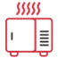 Red oven with steam lines, featuring a black control panel and a sleek design.