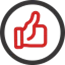 Red thumbs-up icon within a circular black outline, set against a transparent background.