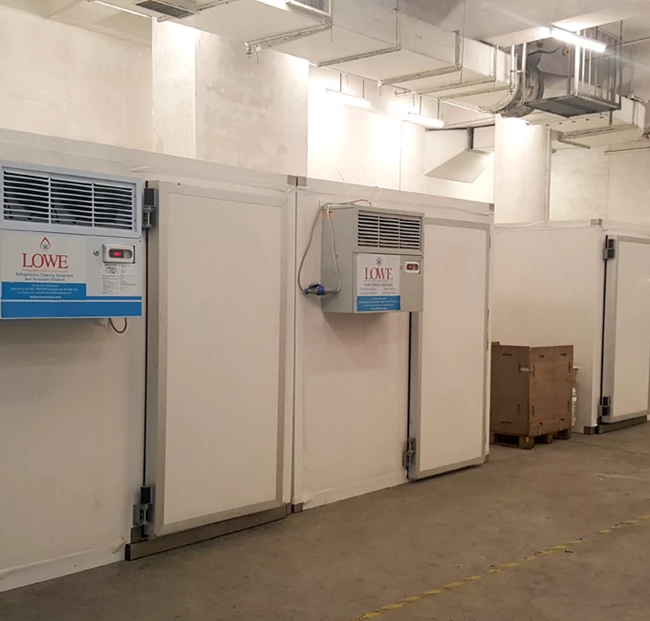 Modular walk-in cold rooms with white walls and blue cooling units, featuring a cardboard box in the background.
