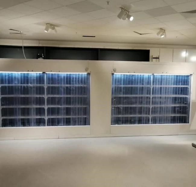 Modular walk-in cold rooms with transparent curtains and blue lighting against a white wall.