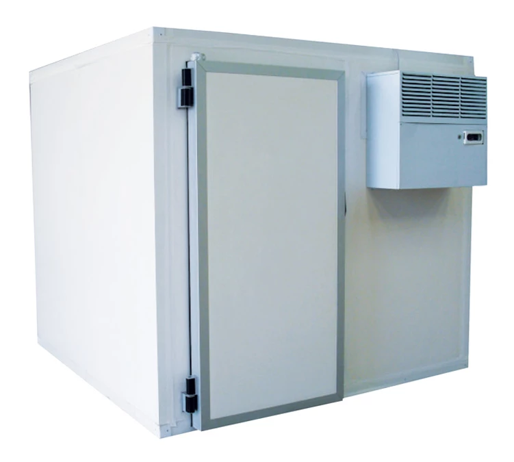 White refrigerated storage unit with a grey door and air conditioning unit on the side.