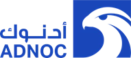 Blue and grey logo of ADNOC, featuring stylised falcon and Arabic text, representing temporary kitchens.
