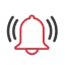 Red alarm bell icon with sound waves, set against a black background, indicating alert status.