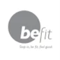 Grey logo of "be fit" with tagline, set against a plain white background.