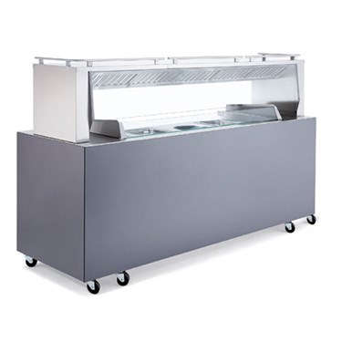 Grey cooking system with a transparent top, designed for food preparation and display.