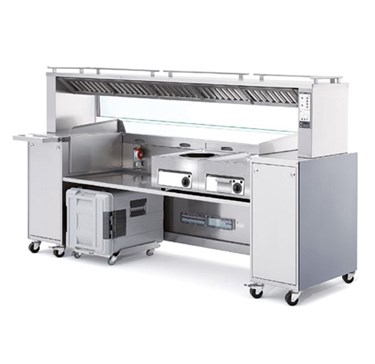 Stainless steel cooking system with multiple burners and a ventilation hood, on wheels for mobility.