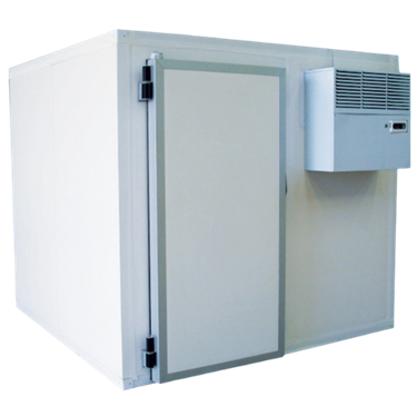 Modular cold room with a white exterior and grey door, featuring an external cooling unit.