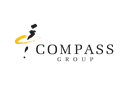 Compass Group logo featuring a stylised orange swirl and black text on a dark background.