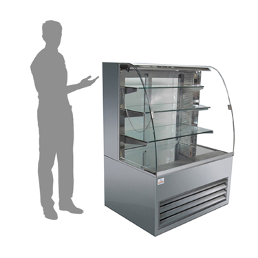 Refrigerated patisserie display fridge in silver with glass shelves, shadow of a person beside it.