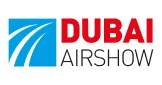 Dubai Airshow logo featuring blue and red text, with stylised blue lines representing flight paths.