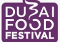 Purple logo for the Dubai Food Festival, featuring stylised text and a swirling design element.