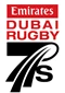 Emirates Dubai Rugby Sevens logo featuring red and black text on a white background.