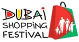 Colourful logo for the Dubai Shopping Festival featuring a shopping bag and silhouettes of families.