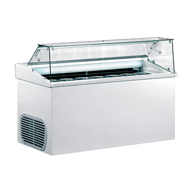 Stainless steel ice cream display freezer with a glass top, showcasing various ice cream flavours.