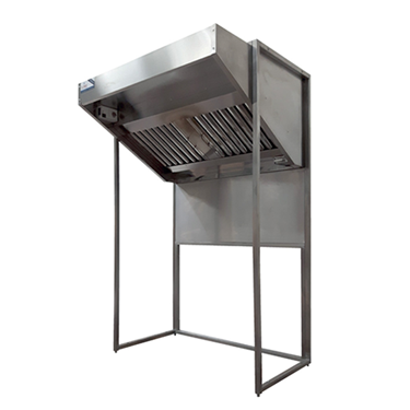 Stainless steel kitchen hood with a slanted design, mounted on a sturdy frame.