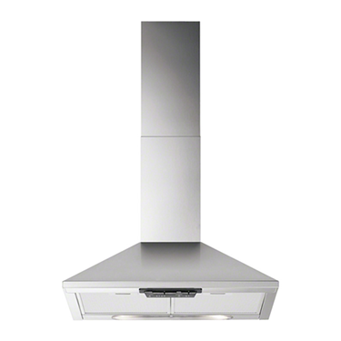 Stainless steel kitchen extractor hood with a sleek design and smooth surface, mounted on a wall.
