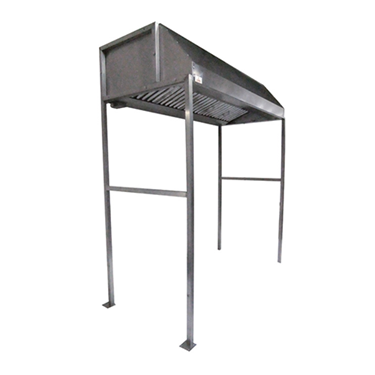 Stainless steel structure with a sloped roof and open sides, supported by four legs.