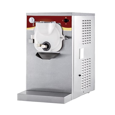 Stainless steel counter-top batch freezer with a white dispensing nozzle and red accents.