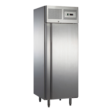 Stainless steel single door upright freezer with digital display and ventilation grille at the top.