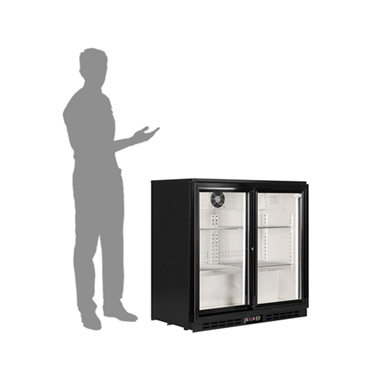 Double door back bar chiller in black, with a shadow of a person gesturing beside it.