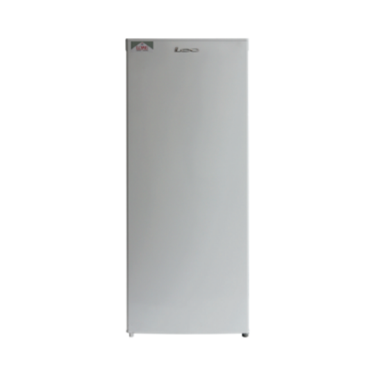 White static storage freezer with a smooth surface, featuring a logo at the top.