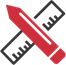 Red pencil icon with measuring tools, representing commercial large-scale kitchen design and planning.