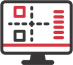 Black computer monitor displaying red and grey icons related to temporary kitchens.