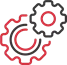 Red and black gear icon representing temporary kitchens, set against a plain black background.