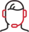 Headset-wearing figure in black and red, representing customer support for Temporary Kitchens services.