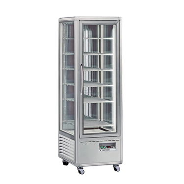 Silver dual temperature display freezer with glass doors and adjustable shelves, mounted on wheels.