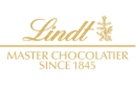 Lindt logo in gold text, featuring a stylised chocolate figure, on a black background.