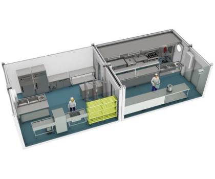 A layout of a temporary kitchen featuring stainless steel equipment and a blue floor.