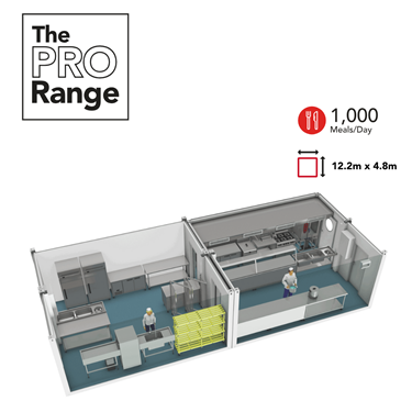Detailed layout of a commercial kitchen in blue and grey, labelled 