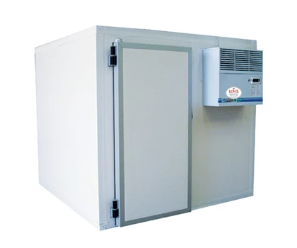White modular pharmaceutical storage unit with a grey door and external cooling unit.