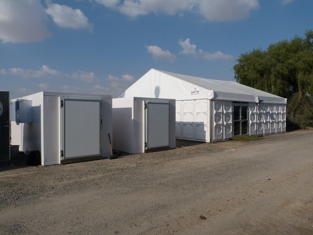 Modular walk-in cold rooms with white exteriors against a blue sky and scattered clouds.
